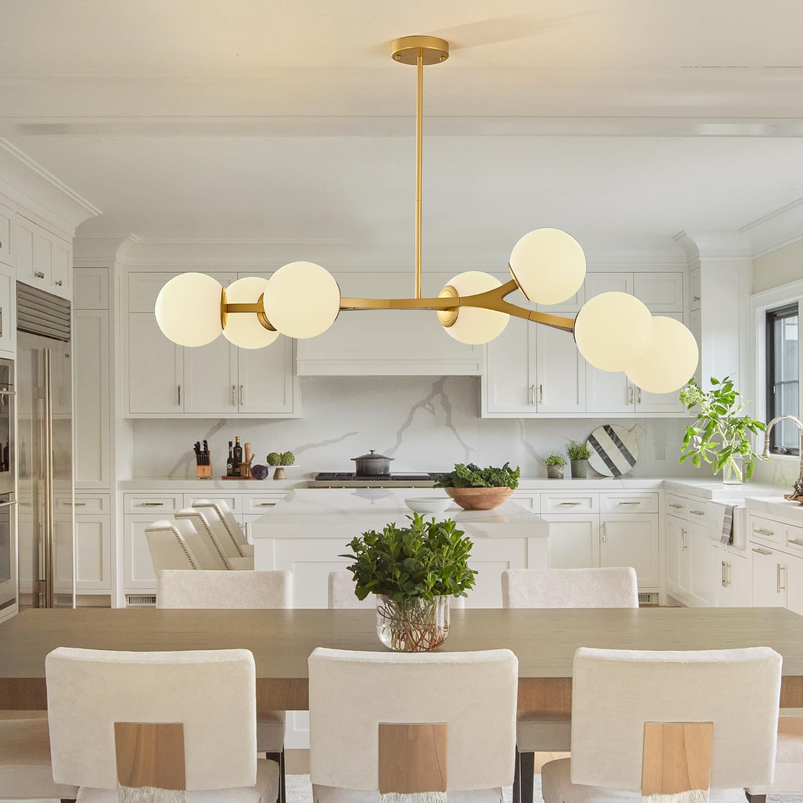 Photo 1 of TAKEGO 52" Large Brass Gold Modern Linear Chandeliers for Dining Room, 7 Lights Large Mid Century Modern Chandelier Sputnik Chandeliers Pendant Light, Globe Chandelier for Living Room Kitchen Island