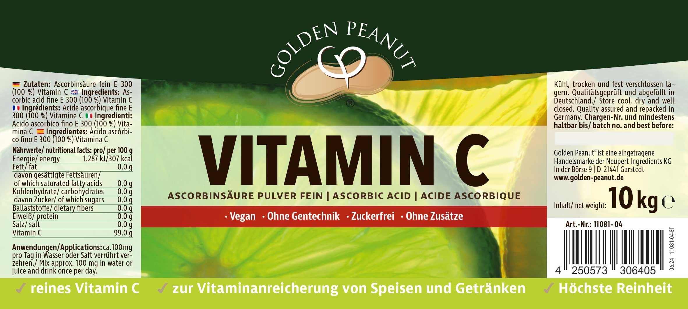 GOLDEN PEANUT Vitamina C en polvo, 10 kg, ácido ascórbico puro, sin aditivos, alta dosis, vegano y sin ingeniería genética