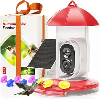 LongPlus® Hummingbird Feeder with Camera for Outdoors Solar Panel,Smart Bird Camera with 2K Live Video,Ant Guard Pole Base,AI Identify Bird Species,Ant Moat,Bee Proof with 3 Feeding Ports,Gifts Ideal