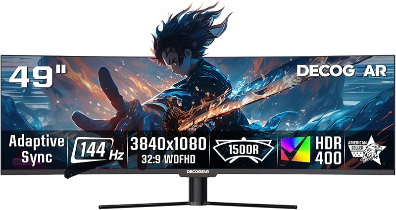 49 Inch Curved Monitor, 3840x1080 Ultrawide Gaming WDFHD Screen, 144Hz, 32:9, 3ms, 3000:1 VA Display, HDR400, Adaptive Sync, USB-C 65W, HDMI, PIP/PBP, KVM, 1800R, Office & Workstation Setup