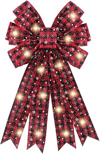Hying Lazos LED grandes de Navidad para corona, lazo de corona LED de Navidad, lazos de búfalo rojo y negro a cuadros con luces LED, lazos para