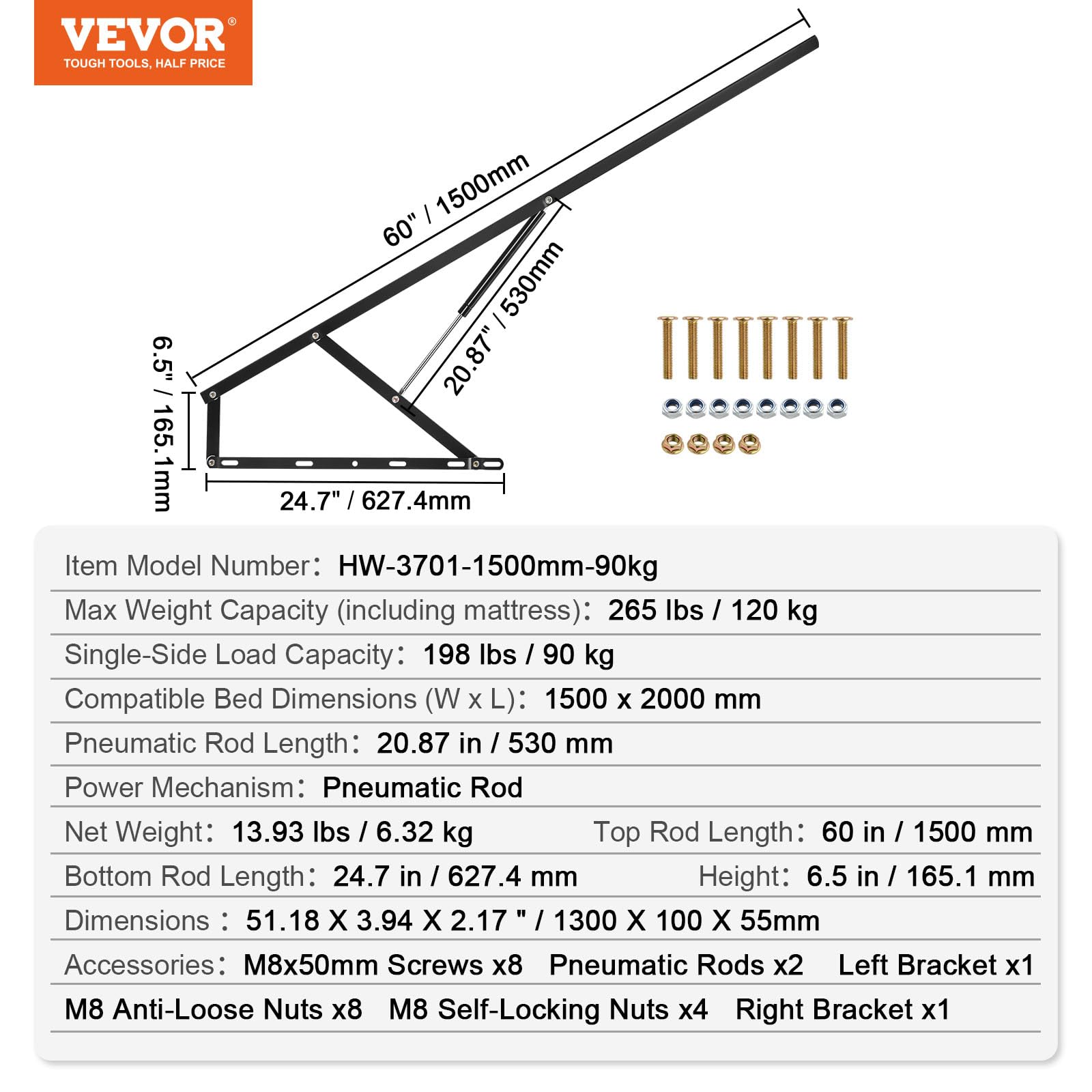 VEVOR Sollevatore per Letto, Dimensioni Letto Compatibili 1500 x 2000 mm Meccanismo di Sollevamento per Letto, Carico 120 kg Leva Pneumatica, Supporto Letto per Carichi Pesanti per Camera degli Ospiti