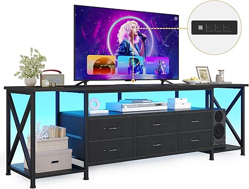 Miniatura 9 de BTHFST Soporte de TV con luces LED y tomas de corriente, para televisores de hasta 80 pulgadas, 6 cajones de tela, centro de entretenimiento con