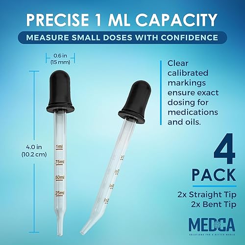 Miniatura 2 de Cuentagotas de vidrio calibrado para aceites esenciales, cuentagotas para medicina de vidrio doblado y recto (paquete de 4) para dosis y medición