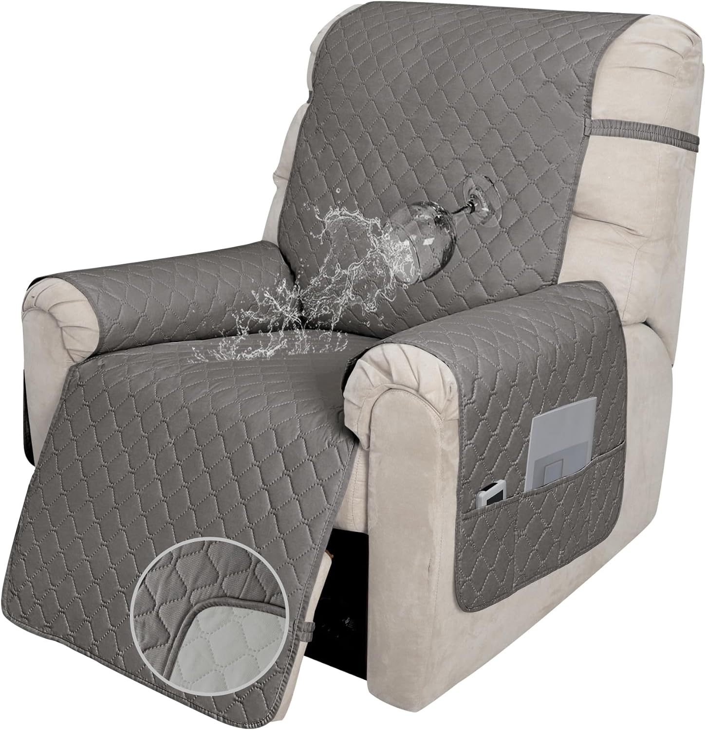 Easy-Going 100% Waterproof Recliner Cover Gray/Light Gray, 23" | Washable Reversible Recliner Chair Cover Non-Slip Furniture Protector Slipcover with Pocket for Pets Kids