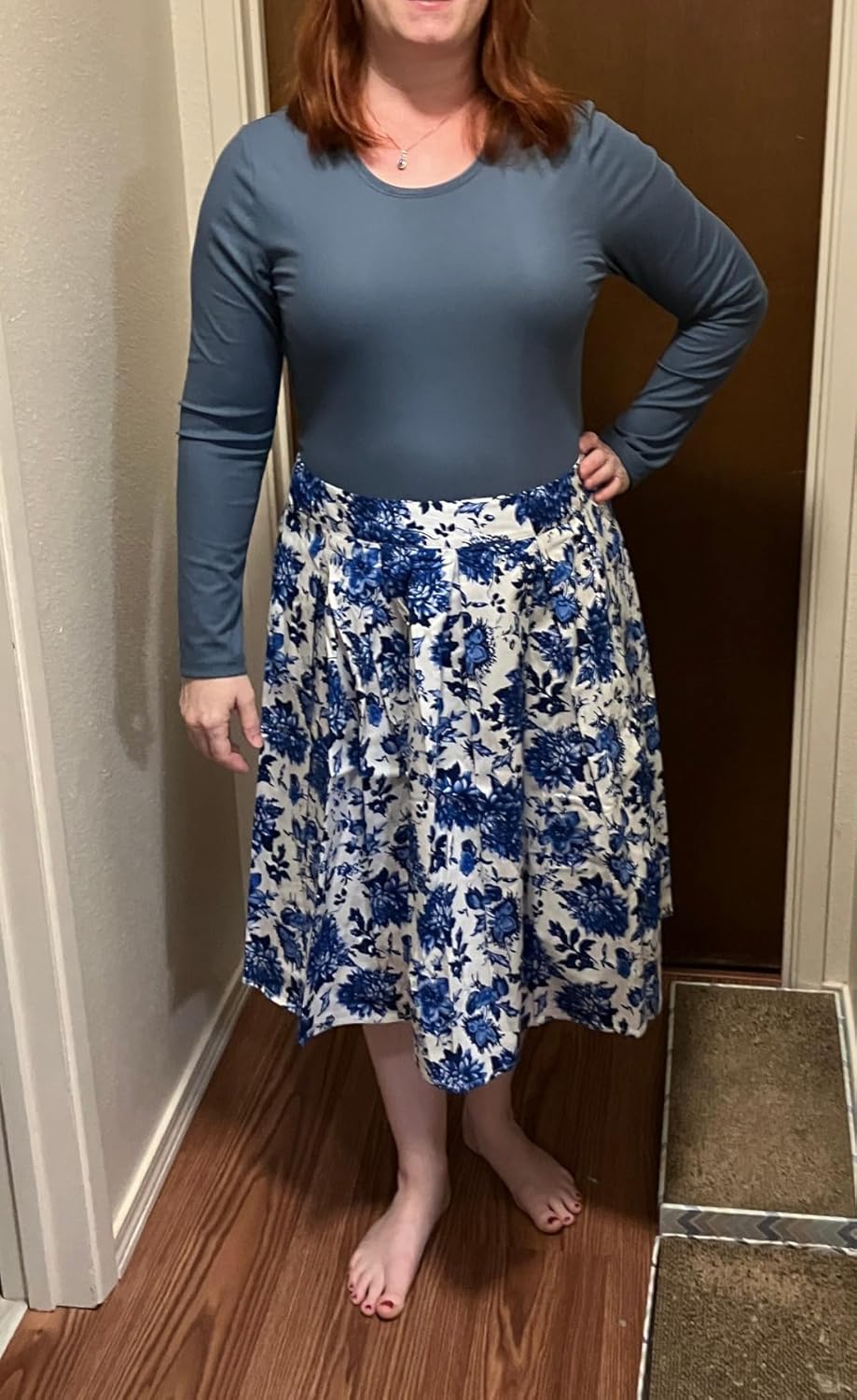 OBBUE Dresstore Vintage Pleated Skirt Floral A-line Printed Midi Skirts with Pockets - Image 7