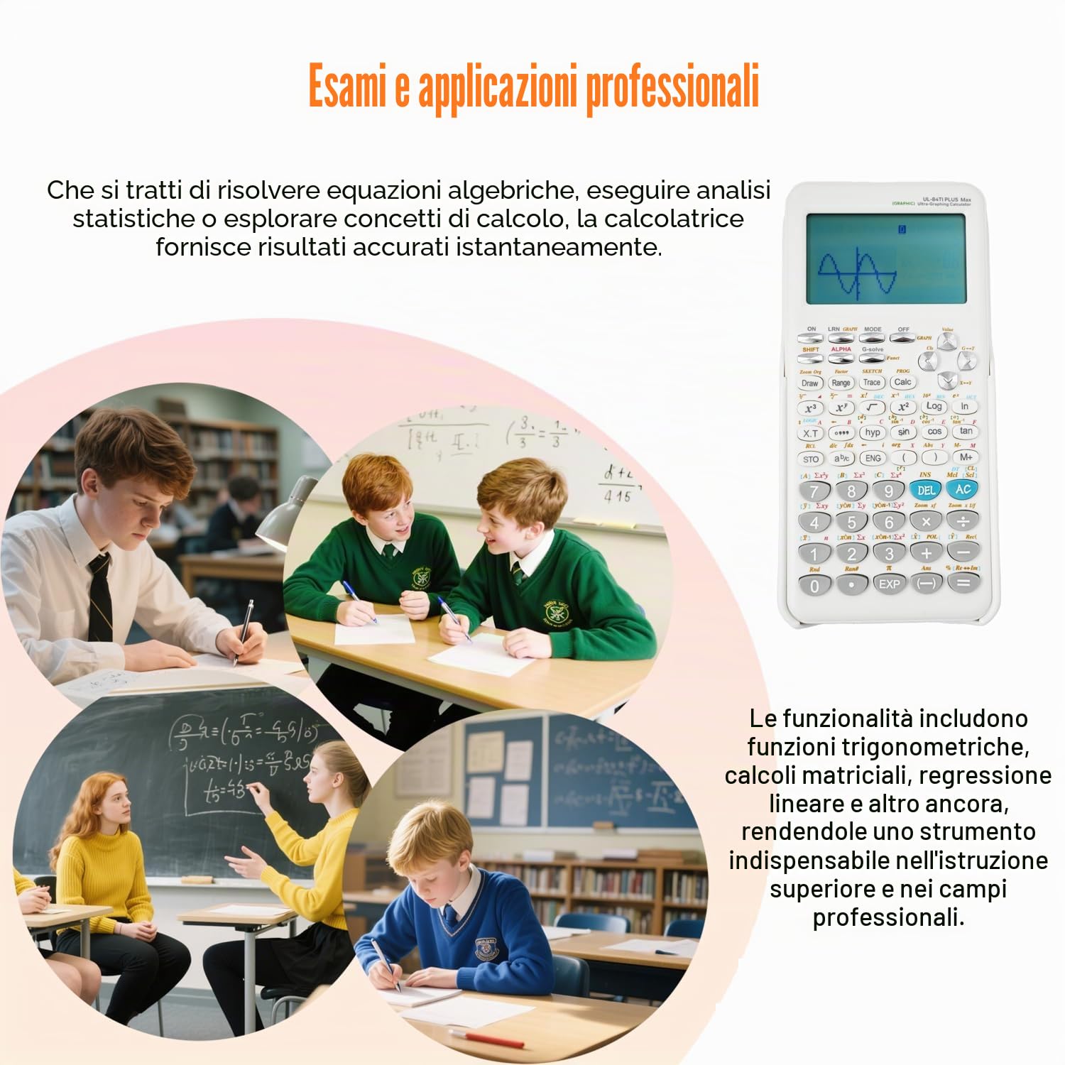 Calcolatrice grafica scientifica con 360 funzioni, grafica/statistica/algebre/calcolatrice con display a 10+2 cifre per studenti universitari e superiori, ufficio e affari, bianco