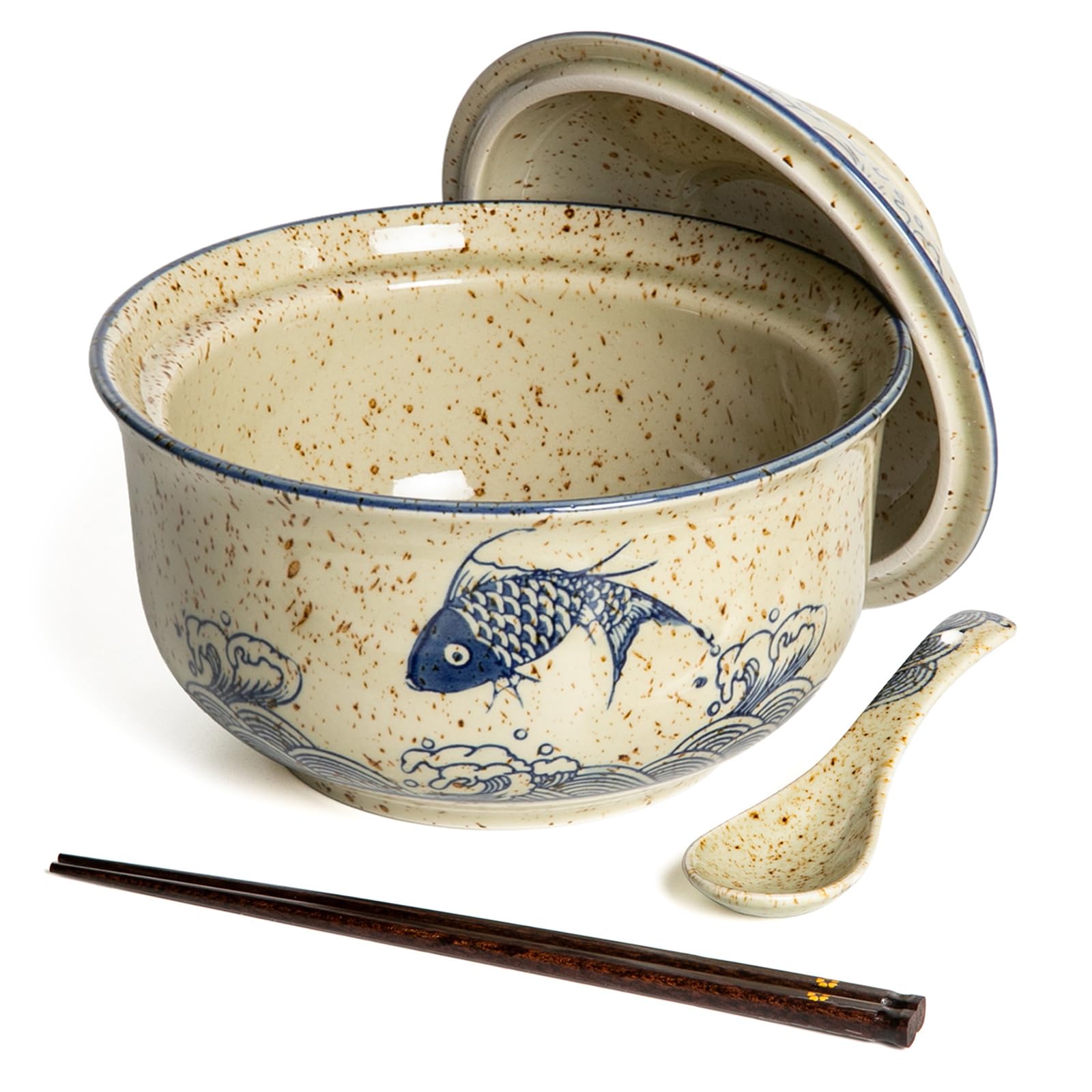 Ceramic Ramen Bowl, Japanese Style Retro Ramen Bowls Set 800ml Noodle Bowl with Chopsticks and Spoons, Asian Soup Bowls with Lid for Microwave & Dishwasher Safe, Japan Fish