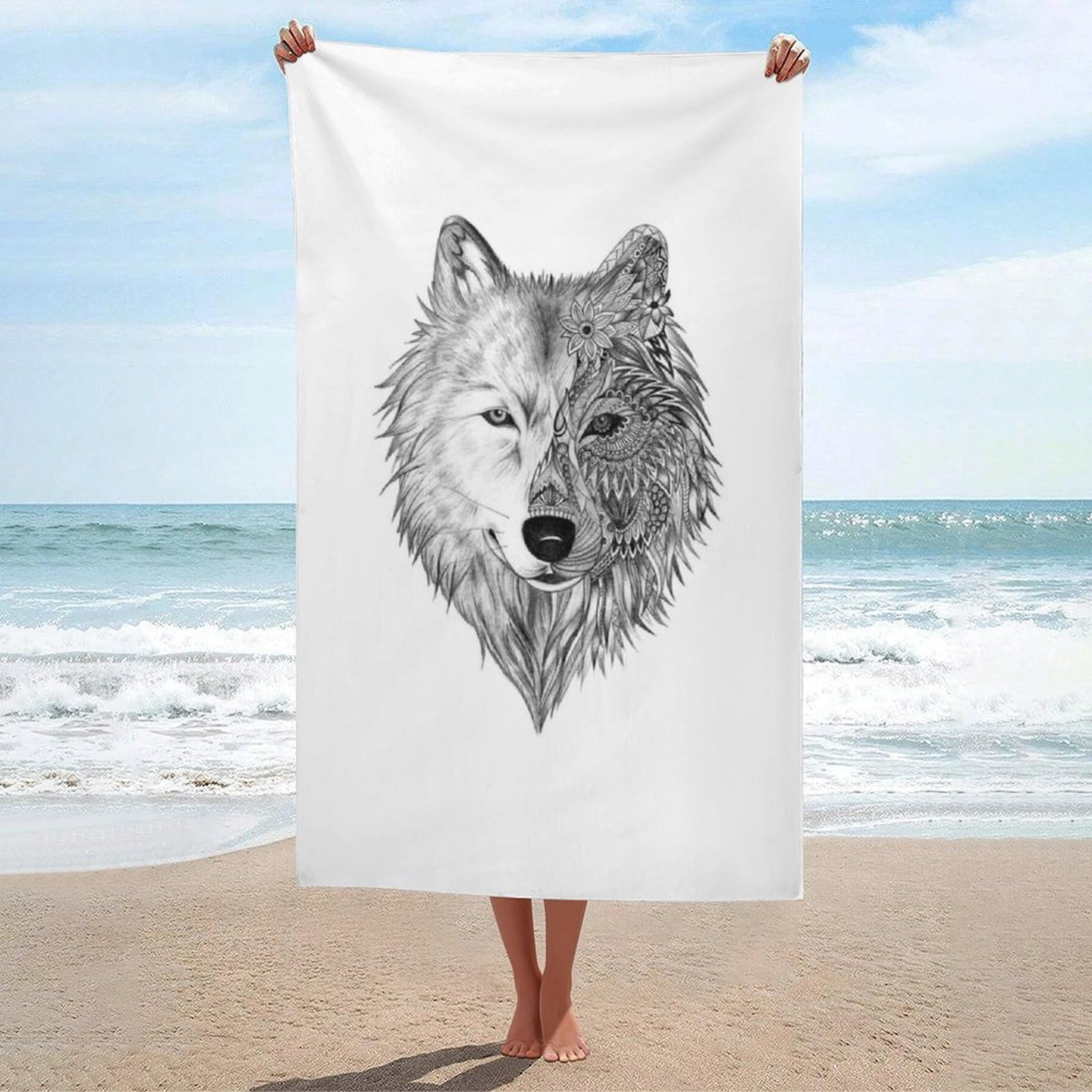 LEDFCVSU Beach Towel, Gray Wolf Bath Towel, Absorbent Towel for Swimming, Sports, Travel