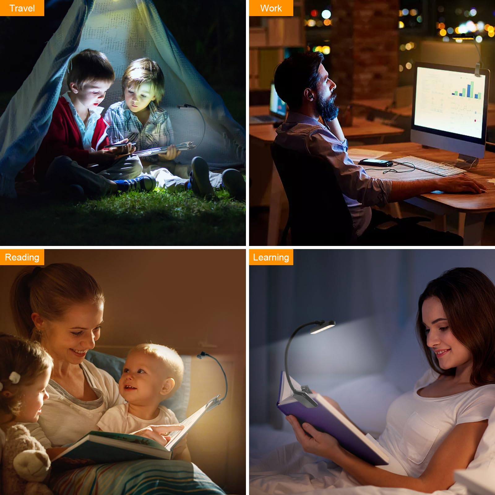 karidi 24 LED Luz de Lectura Recargable 360°, lampara lectura 5 Tonos, USB-C, Pinza para Libros/Tablet, 80H Cuidado Ocular, Regalo Estudiantes/Niños/Ancianos (Sin Deslumbrar) (negro)
