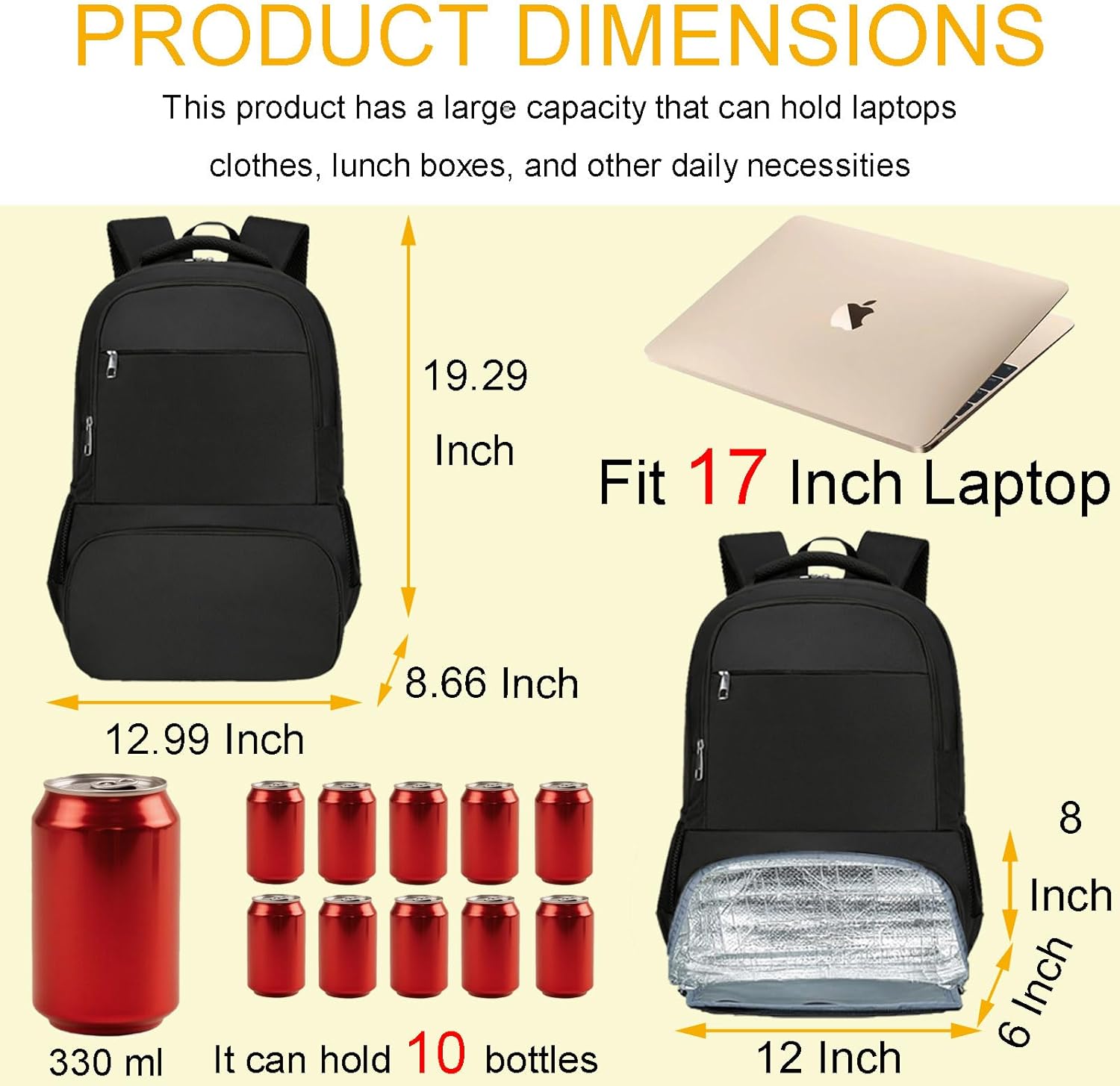 17 Inch Laptop Backpack Large Capacity Backpack with Cooler Compartment for Travel Camp Anti-Theft Work Business Shoulders Bag with USB Charging Hole And Headphones Hole Waterproof and Durable Black