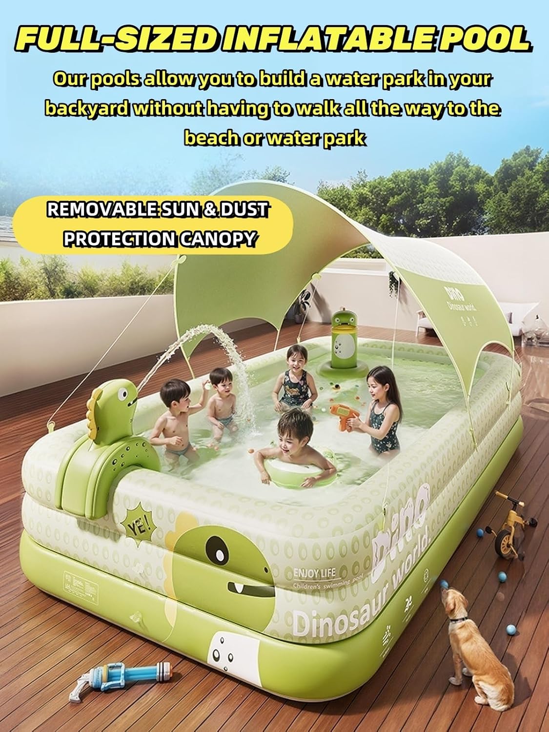 Inflatable Swimming Pool with Canopy Above Ground Portable Pool, Easy to Carry Inflatable Pools with Inflator, Blow Up Large Pools, Garden, Backyard Water Party (Green, XL:118" X 69" X 22")