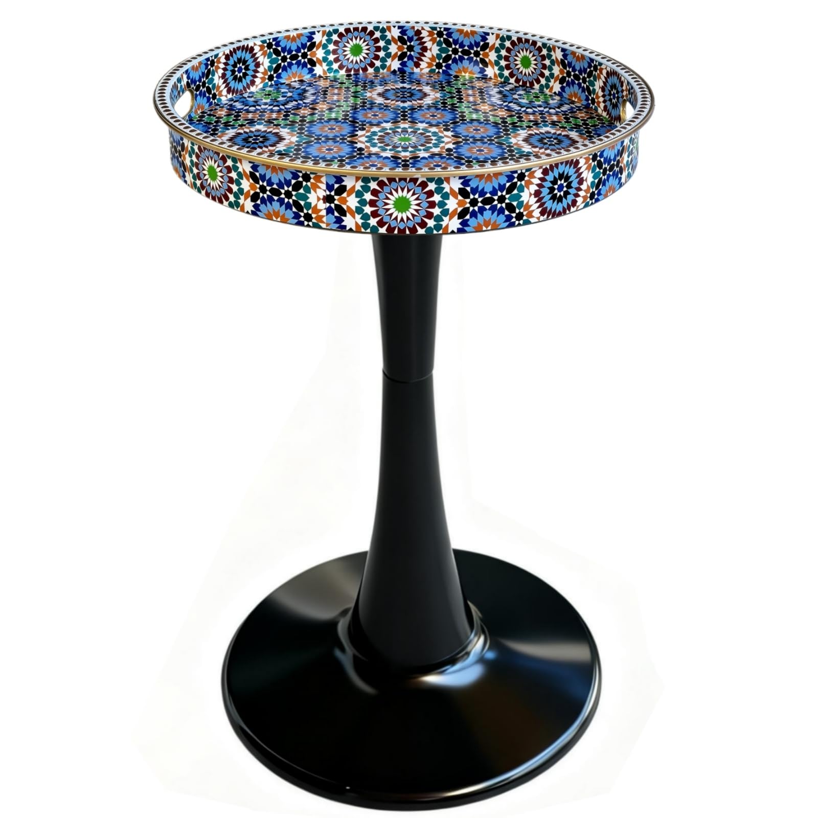 Simmer Stone Chic Round Side Table - 13" Artistic Patterned Drink Table with Glossy Tray Top, Unique Hourglass Pedestal Base, Durable Plastic End Table & Living Room, Bedroom (Moroccan)