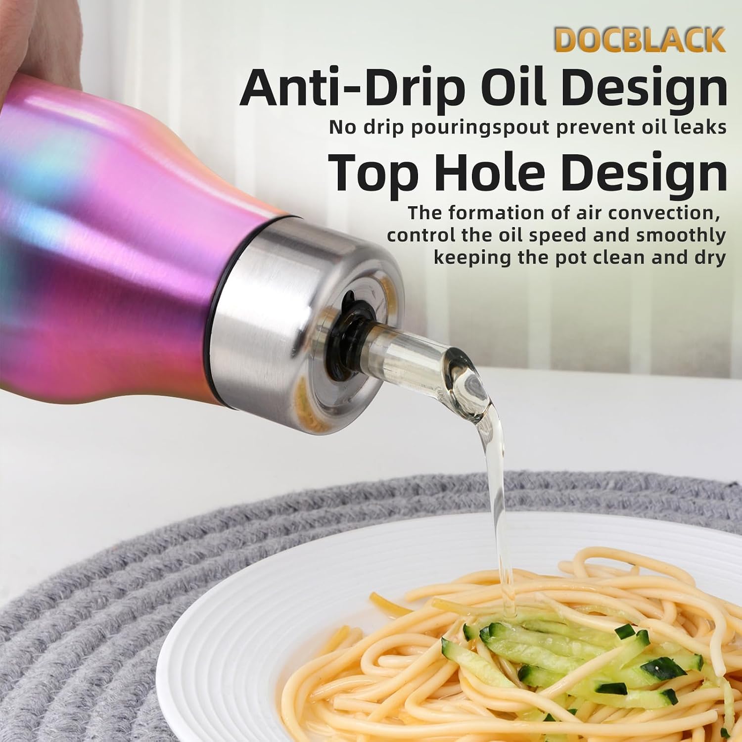 DOCBLACK Rainbow Olive Oil Dispenser 17oz Oil Bottle Stainless Steel Leak Proof Olive Oil Dispenser Bottle for Kitchen with No-Drip (500ML) image 5