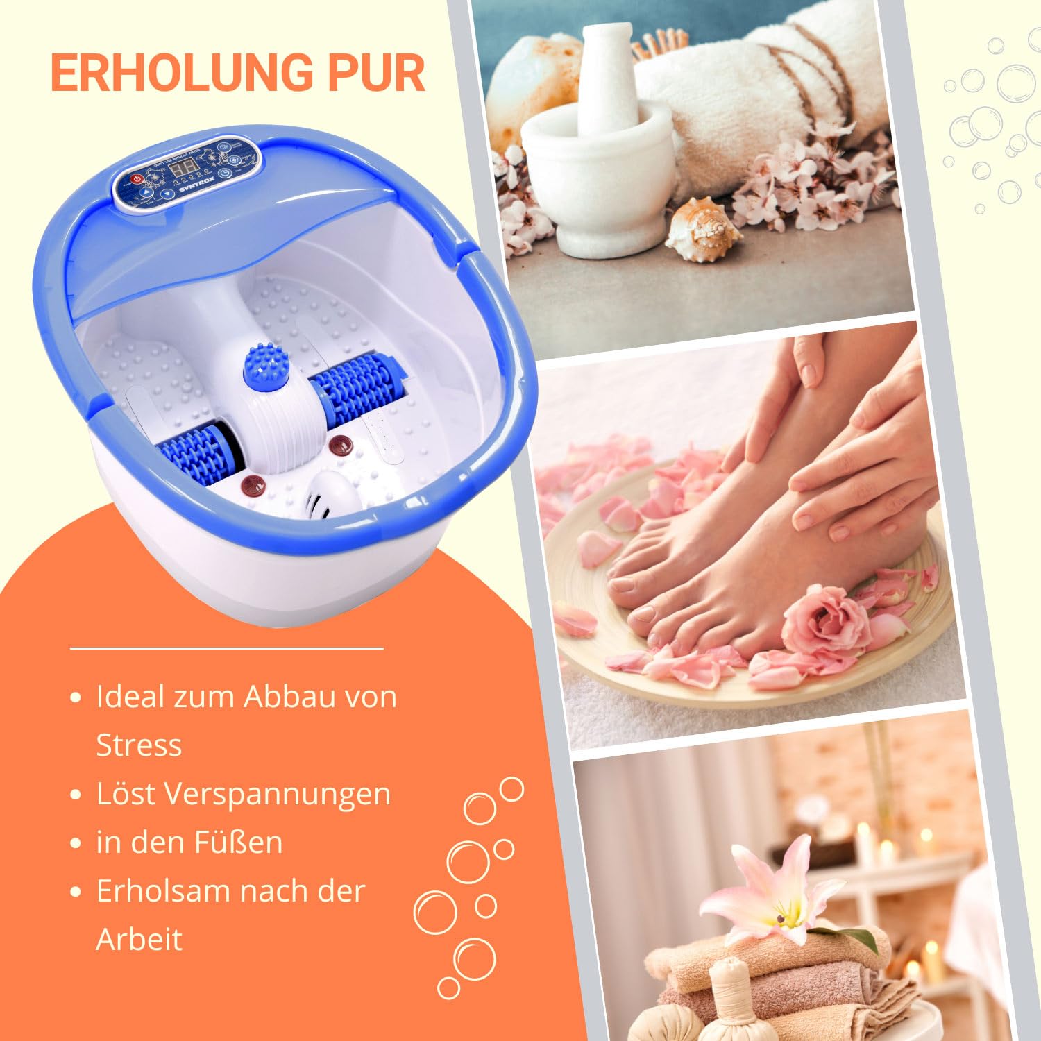 Syntrox Germany Fußsprudelbad mit Massage Sparkle | Fußmassagebad | Fußmassagegerät, 7 in 1, mit Rotlicht und Massagefunktion, 450 Watt, Entspannung für die Füße