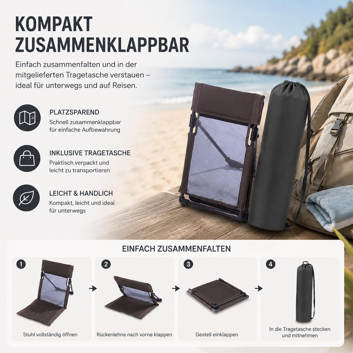 Strandsitz Faltbar Leicht, Strandmatte Mit RüCkenlehne, Leichte Strandmatte (Mit Aufbewahrungstasche) Aus Atmungsaktivem Netzgewebe Mit Verstellbarer RüCkenlehne, Geeignet FüR Camping (Cremefarben)