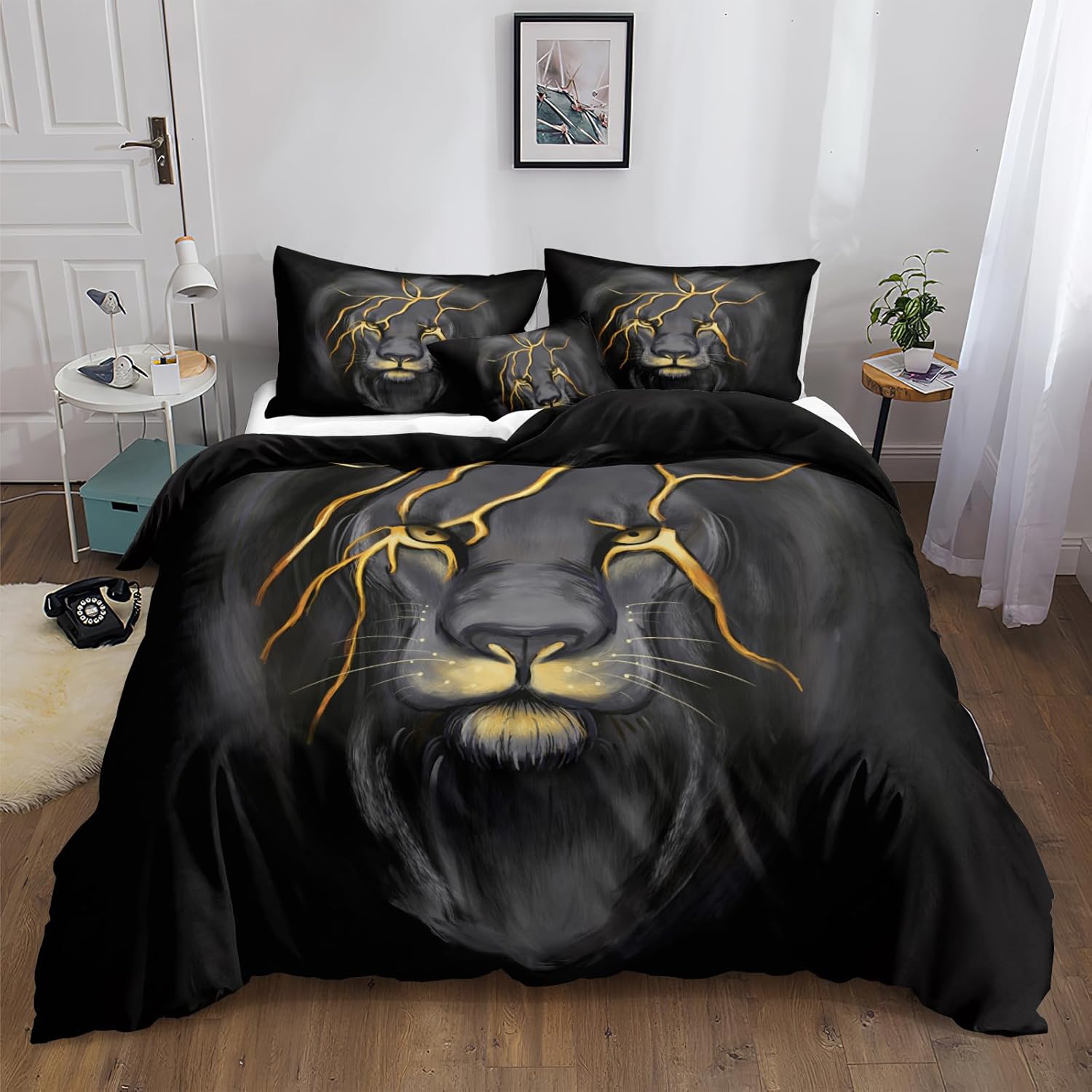 Lion Bedding Black Duvet Cover Set Grey Gold Lion Pattern Black Animal