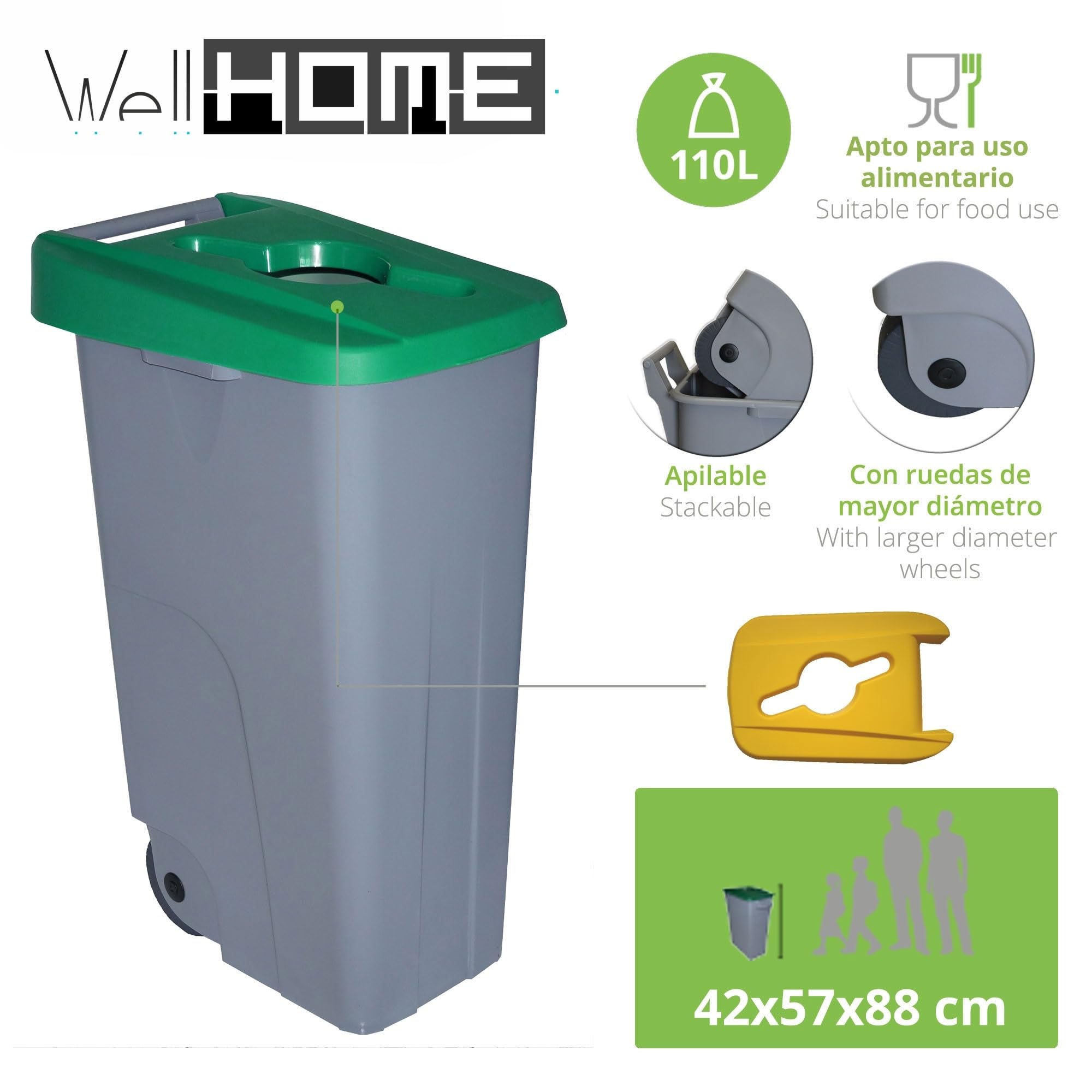 WELL HOME MOBILIARIO & DECORACIÓN Contenedor Abierto 110L Verde H.88cm + Rollo 10 bolsas de basura 120L