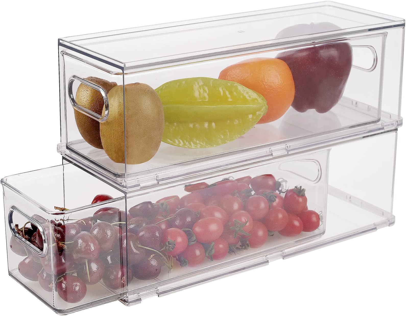 Taiuloo 2 Pack Refrigerator Organizer Bins with Pull-out Drawer, Clear Stackable Fridge Drawer Organizer Set, BPA-free Food Storage Containers for Freezer, Cabinet, Kitchen, Pantry Organization