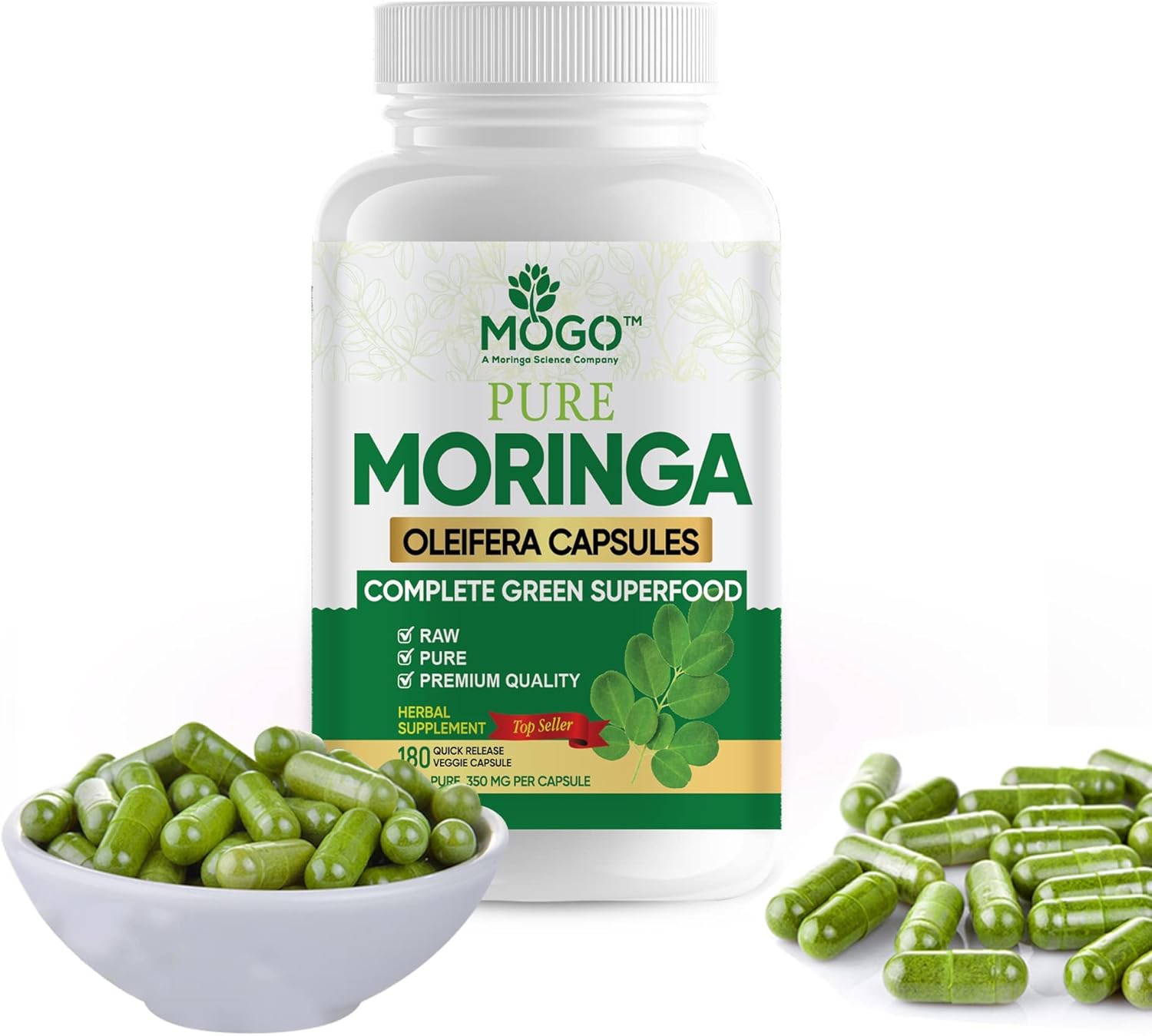 MOGO - Organic Moringa Leaf Powder 1 LB and Moringa Capsule - 180 Count
