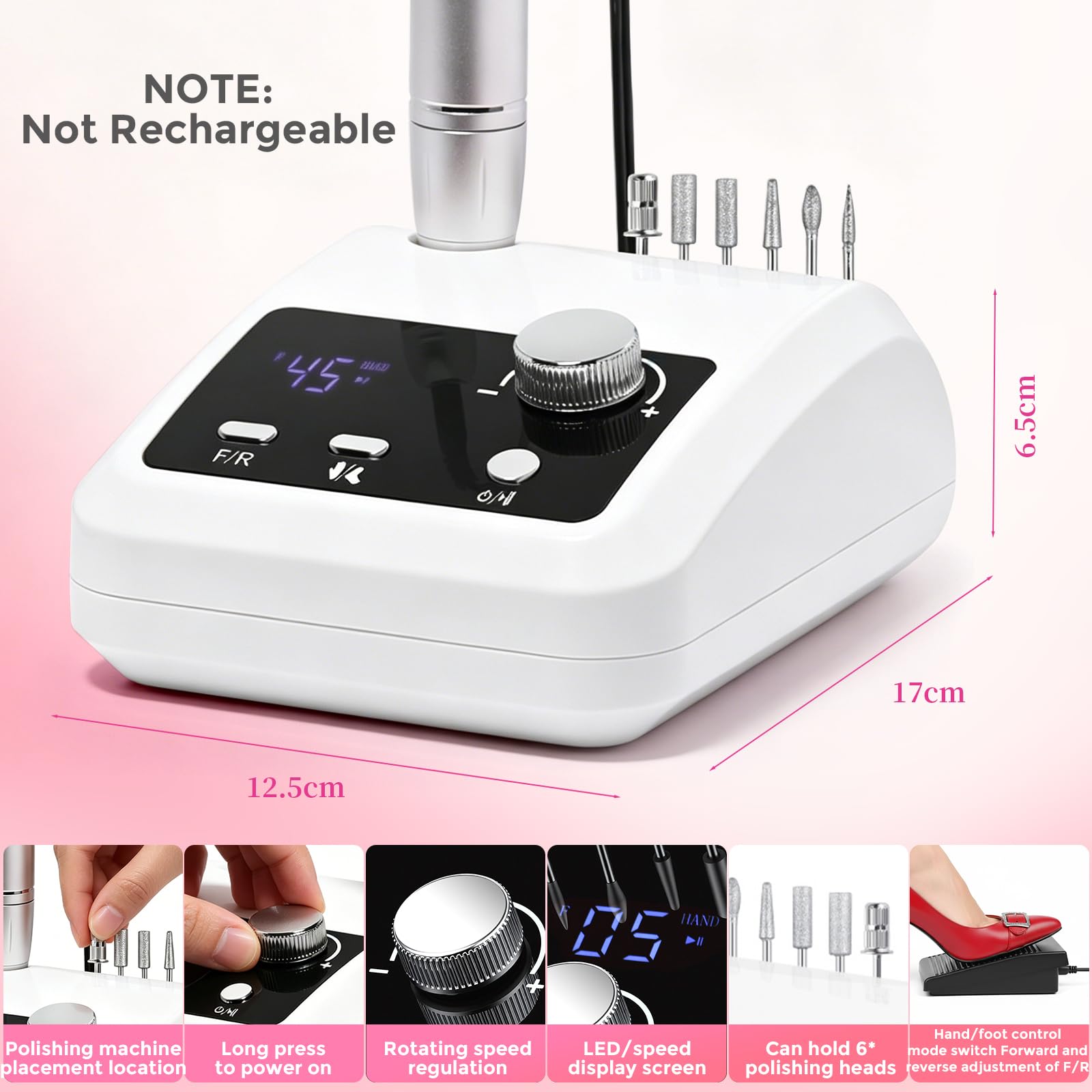 Elektryczna frezarka do paznokci żelowych 45000 obr./min, zestaw do manicure, pedicure, elektryczna frezarka do paznokci, profesjonalna frezarka z wyświetlaczem LED z pedałem nożnym, pilnik do