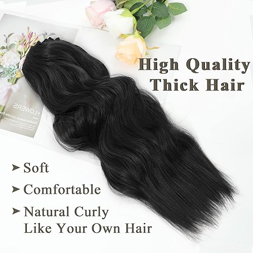Miniatura 5 de NAYOO Extensiones de cabello negro con clip, 4 piezas, extensiones de cabello ondulado y rizado, de fibra sintética de doble trama, extensiones