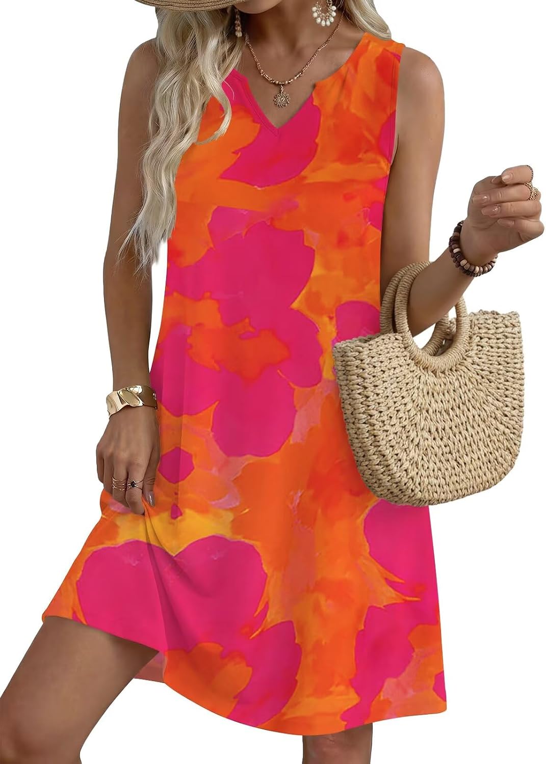 QACOHU Women's Summer Sleeveless V Neck Mini Dress with Pockets Casual Sundress Beach Dresses for Women 2026