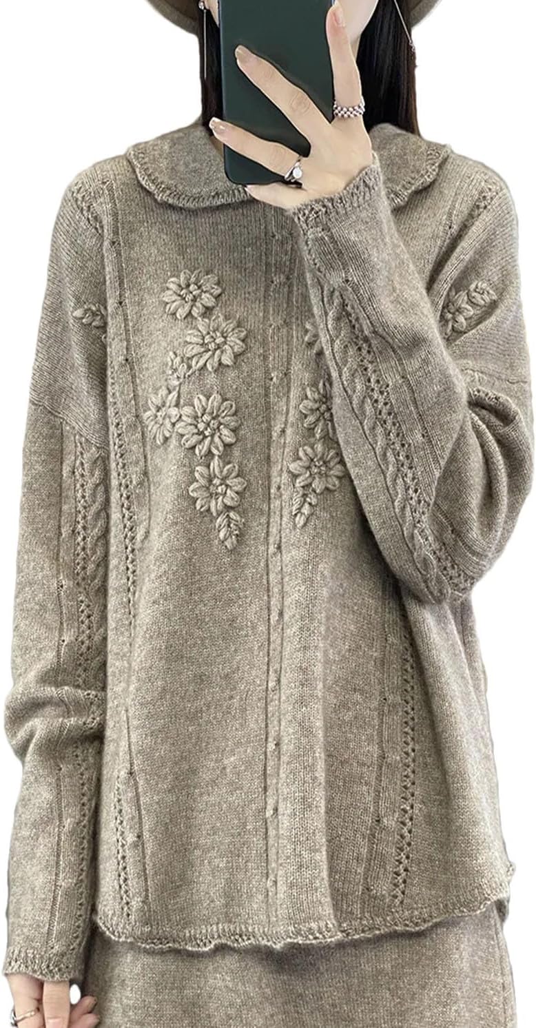 Women's Sweet Cute Sweaters 100% Wool Soft Knit Pullovers Lapel Long Sleeve Flowers Loose Preppy Style Tops