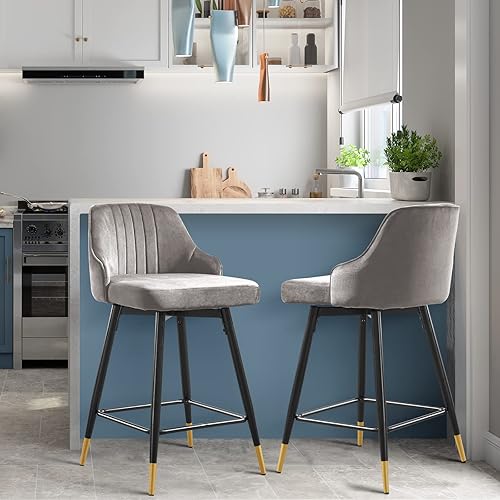 Miniatura 2 de Juego de 2 taburetes de bar giratorios de altura de mostrador con respaldo bajo y cómodas sillas de bar, sillas de bar de terciopelo, patas de metal