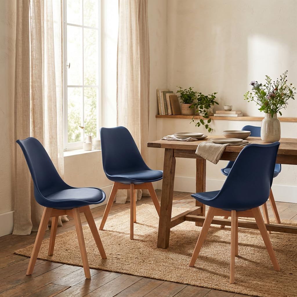 WeHome - Set 4 Sedie Candice, Sedie Sala Da Pranzo O Ufficio, Sedia Ergonomica, Seduta Imbottita Con Cuscino In Similpelle, Sedie Camera, Piedi In Legno Di Faggio, Arredamento Casa (Dark Blue)
