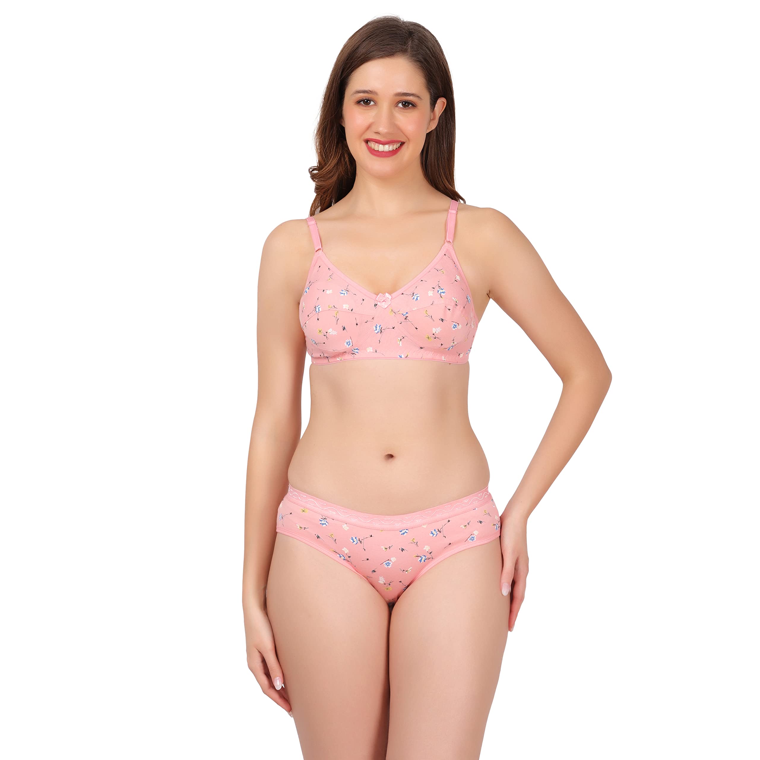 Women Full Coverage Non Padded Wirefree Molticolor Cotton Printed Bra & Penty Set-image-20