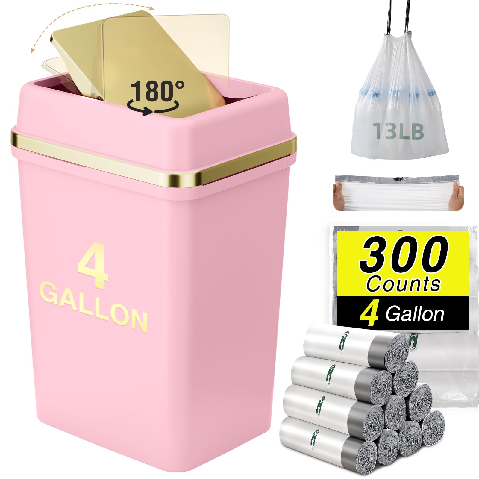 Bathroom Trash Can with Lid 4 Gallon Pink Trash Can Bedroom Trash Can Small Garbage Can with 300
