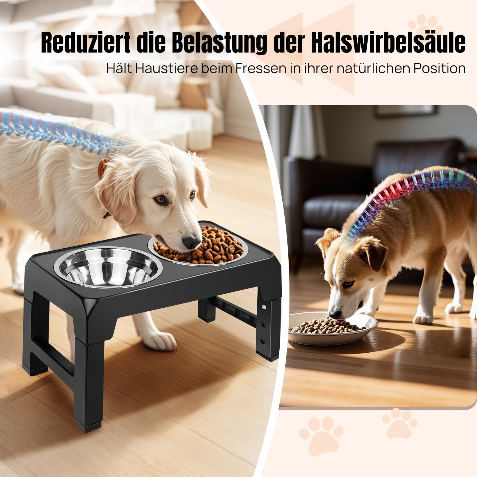 Comedero para perros de altura ajustable, con 2 cuencos de acero inoxidable de 1200 ml, comedero elevado, para perros medianos y grandes, 4 niveles de alimentación regulables, color negro