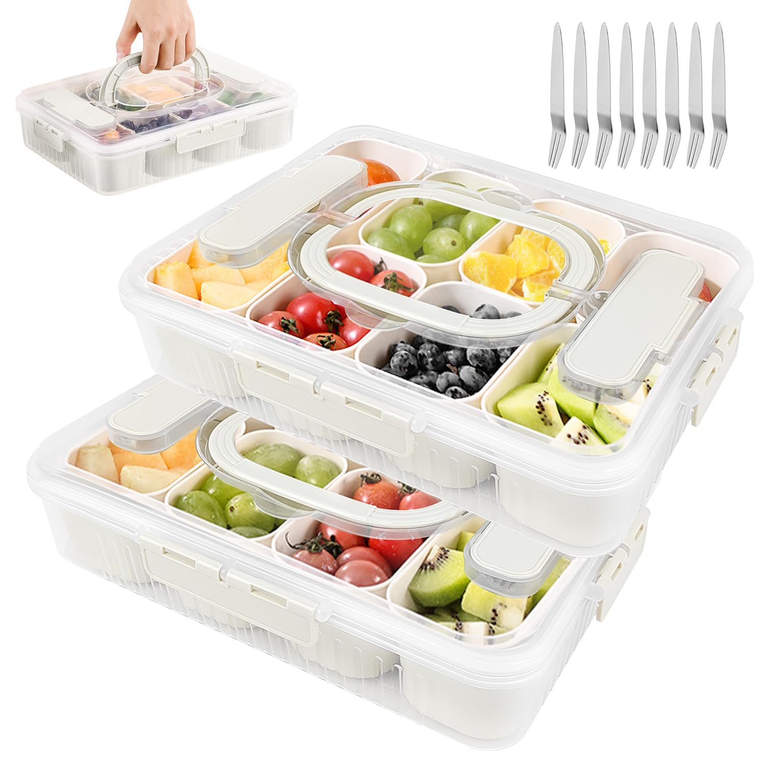 2 cajas de aperitivos con 8 compartimentos con 8 tenedores, plato de aperitivos con tapa y asa, cuenco para aperitivos, organizador para aperitivos, dulces, frutos secos, frutas, especias, caja de