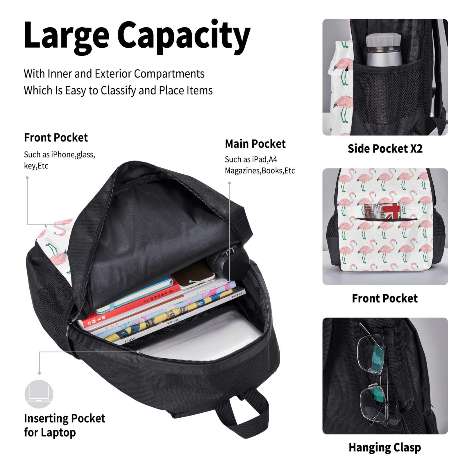 Juego de 3 mochilas escolares pintadas a mano con estampado de pájaro flamenco, gran capacidad, resistente al agua, mochila para laptop con bolsa de almuerzo aislada y estuche para lápices