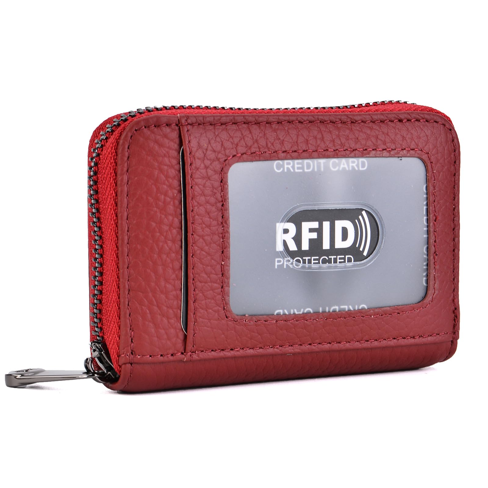 EASTNIGHTS Genuine Leather Credit Card Wallet Accordion Zipper Rfid Credit Card Holder Small Coin Purse with ID Window (wine red)