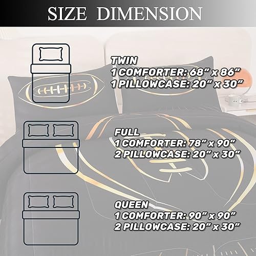Miniatura 7 de MWMWMW Juego de edredón de fútbol tamaño matrimonial, juego de edredón de tamaño matrimonial para niños, juego de ropa de cama deportiva negro y
