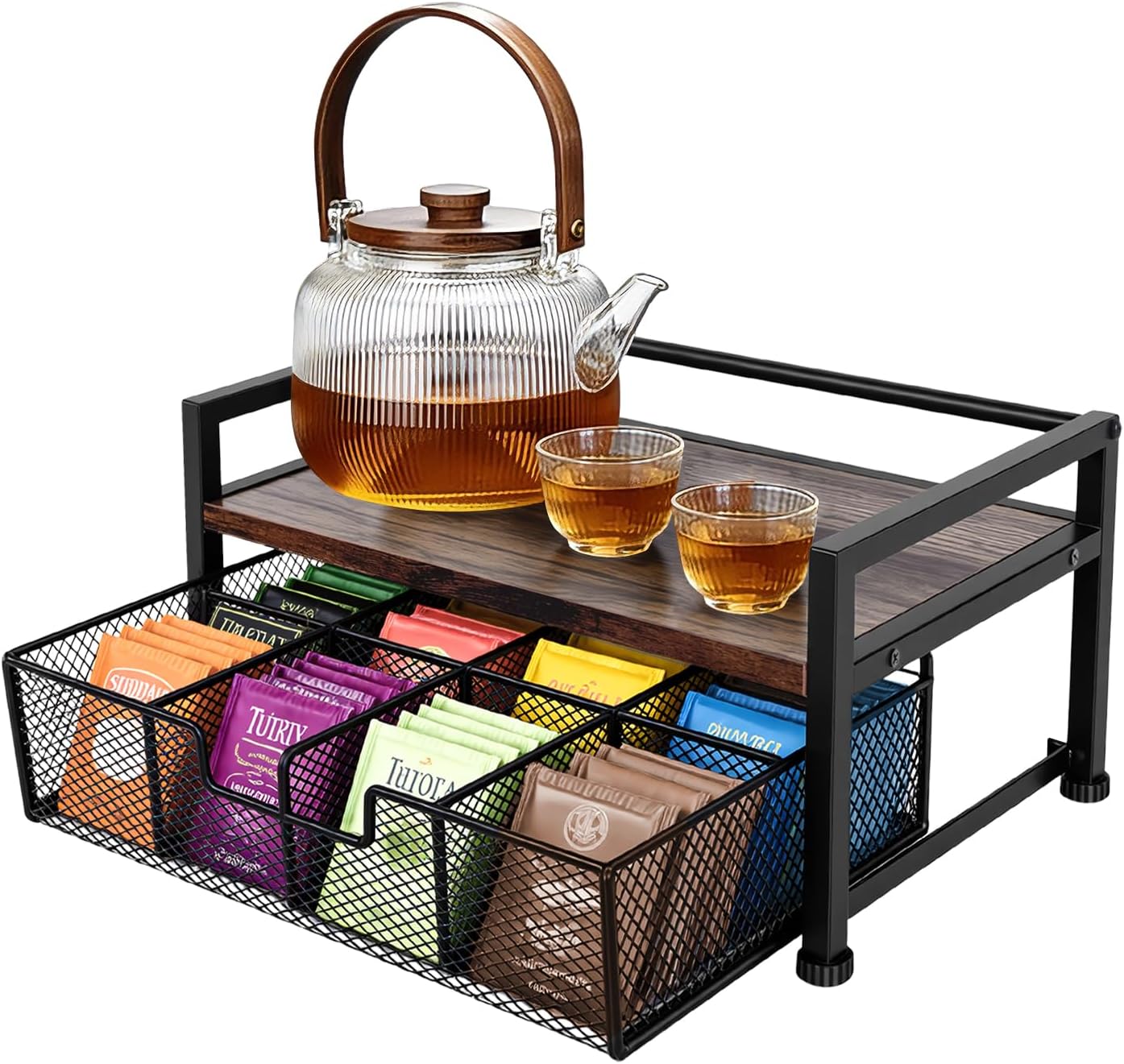Tea Bag Organizer, Wooden Tea Storage Box with Metal Drawer, 8-Compartment Tea Bag Holder, Tea Station Display Case for Countertop Kitchen, Office, Pantry