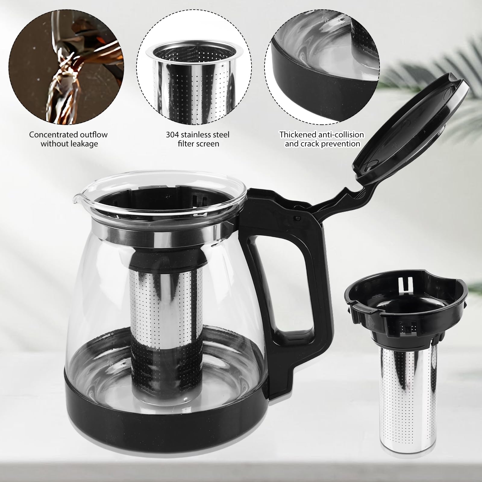 Teiera in vetro con filtro (2000 ml), teiera in vetro con filtro estraibile, teiera in vetro, teiera di grande capacità, ideale per la preparazione di tè sfuso, tè ai fiori