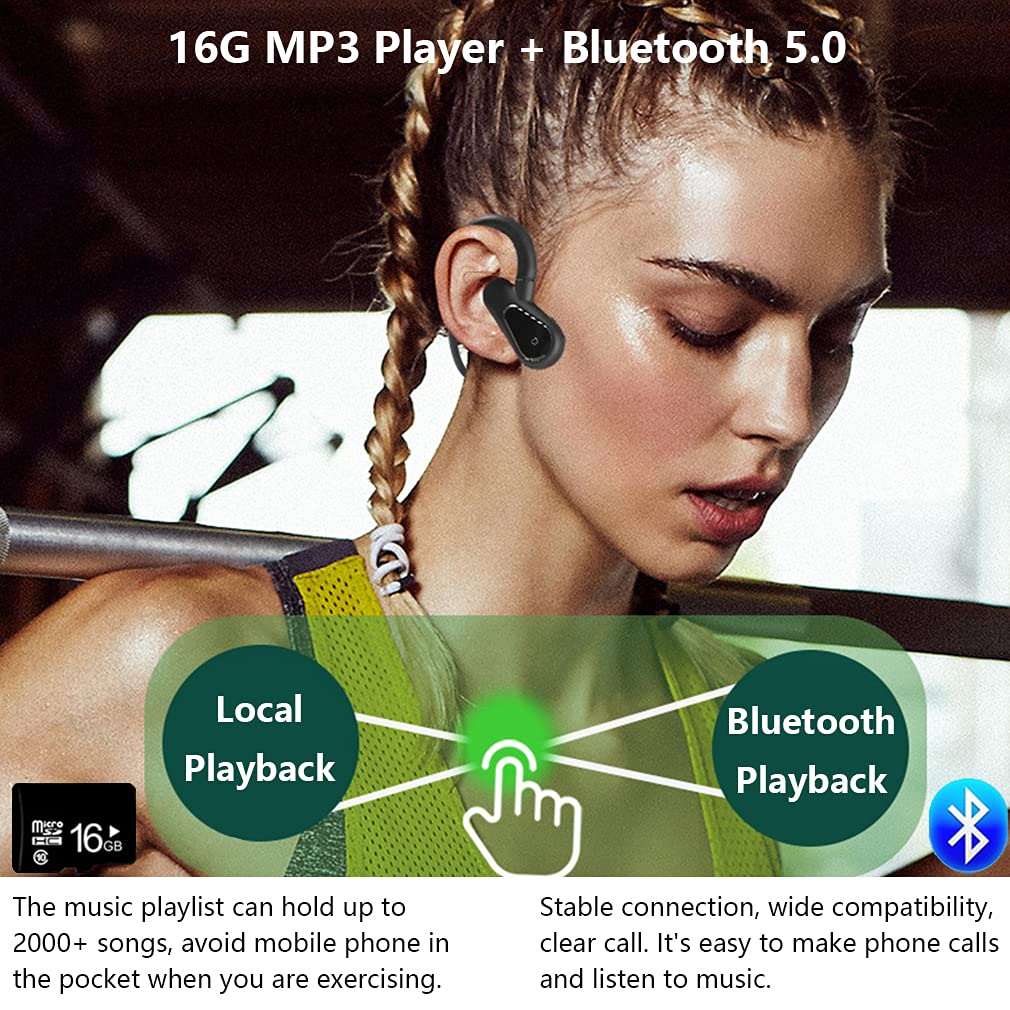 Bezprzewodowe słuchawki Bluetooth, otwarte ucho, sportowe słuchawki IPX5, wodoodporne odtwarzacz MP3, zestaw słuchawkowy stereo z pamięcią 16 GB, lekkie, bezprzewodowe słuchawki do biegania,
