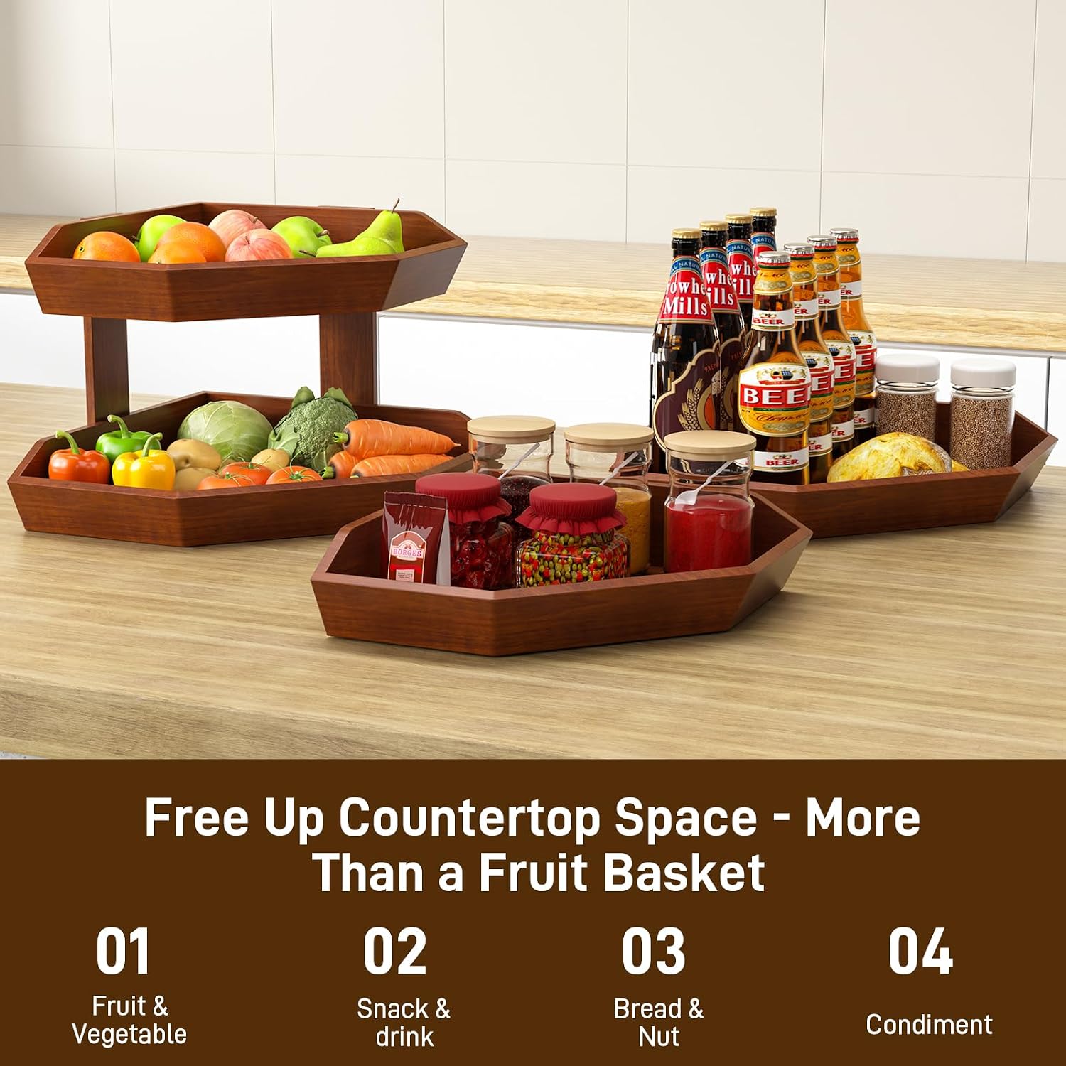 Wooden Fruit Basket for Kitchen Counter 2 Tier Fruit Bowl for Corner