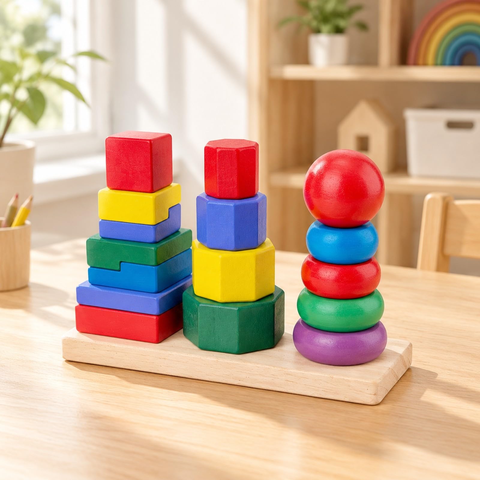 Child-Centered geometrisches Stapel- und Sortierspielzeug aus abgerundete Kanten Stapelspiel mit geometrischen Figuren für Spielzimmer, Groß