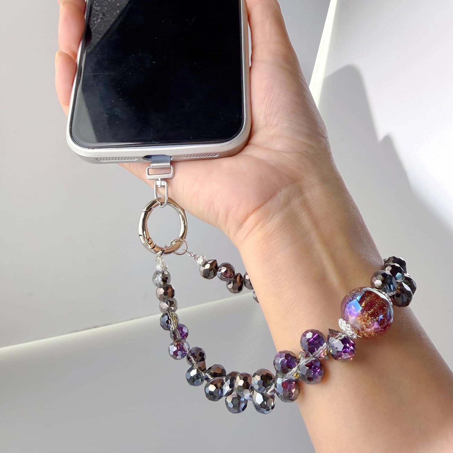 Deep Black Textured Crystal & Pink-Purple Gradient Combo Phone Wrist Strap, Handmade Beaded Anti-Lost Phone Chain Wristlet Charm (2 Pcs Set)