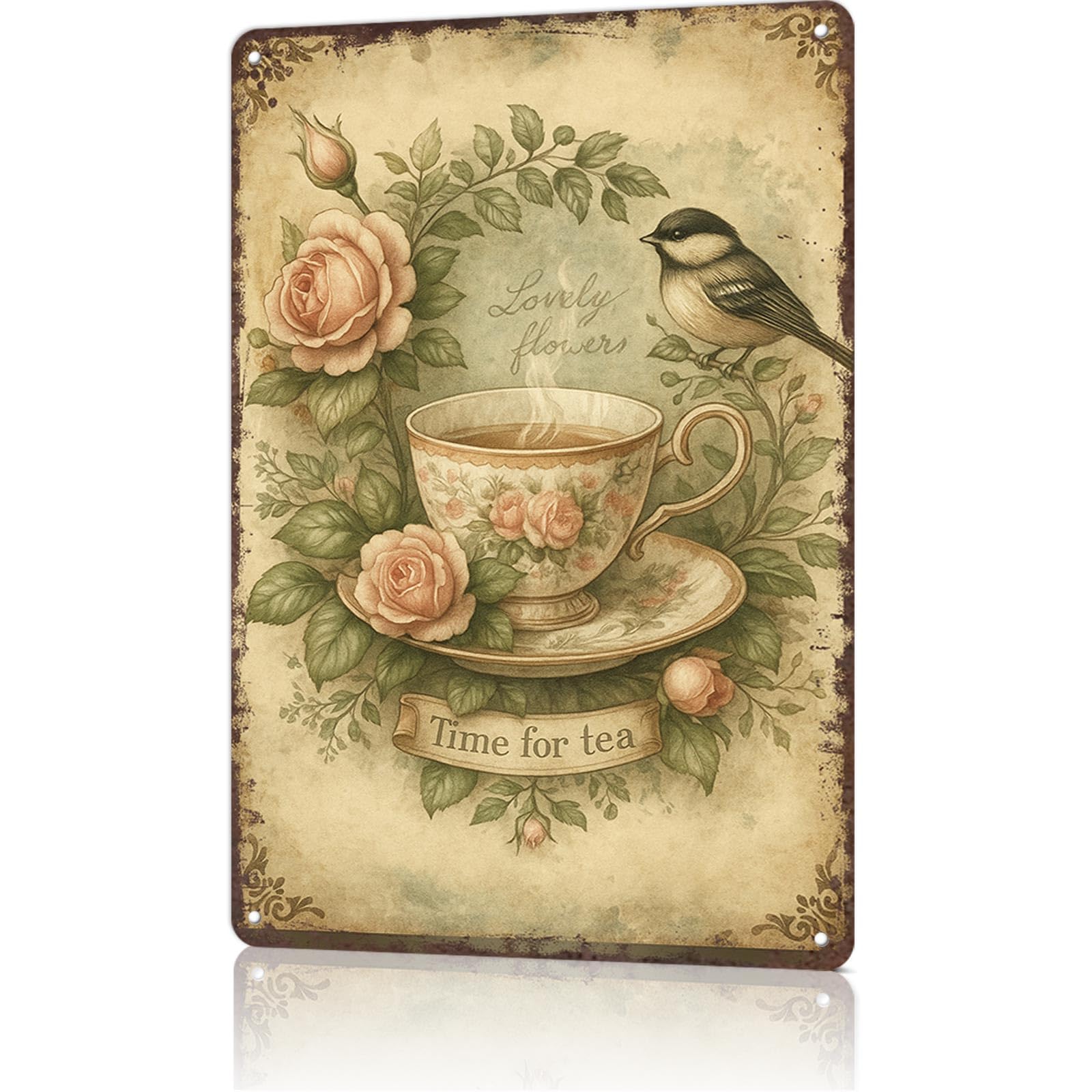 KWQDOZF Vintage Metal Signs Rose & Bird Tea Cup Metal Wall Art-Funny Poster Wall Art for Home Living Room Garage Bar Decor 8X12inch