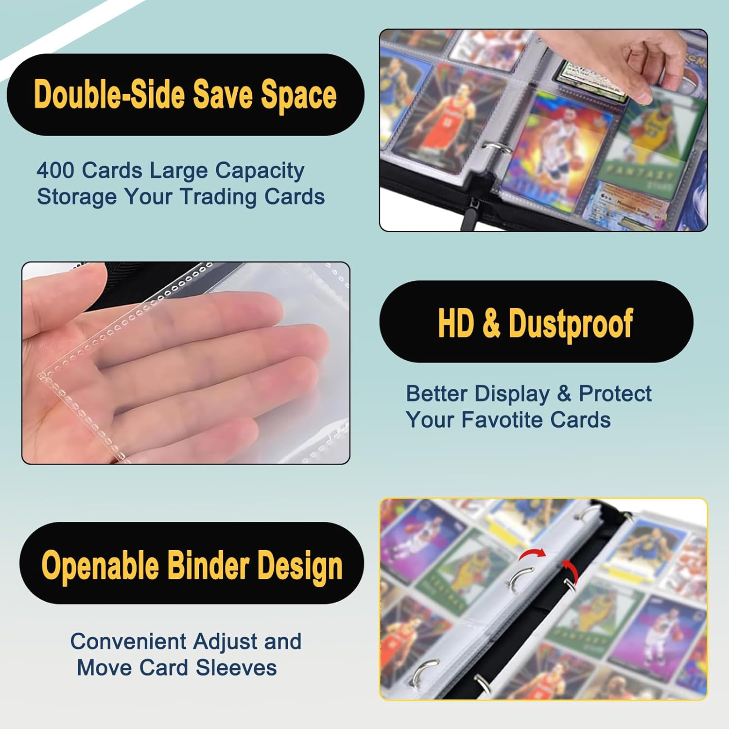 Trading Card Binder 4 Pocket,Card Binder 400 Card Book Holder Cards with 50 Removable Sleeves,Zipper Design Collectible Trading Card Albums Gifts for Boys and Girls (Yellow-4 Pocket)