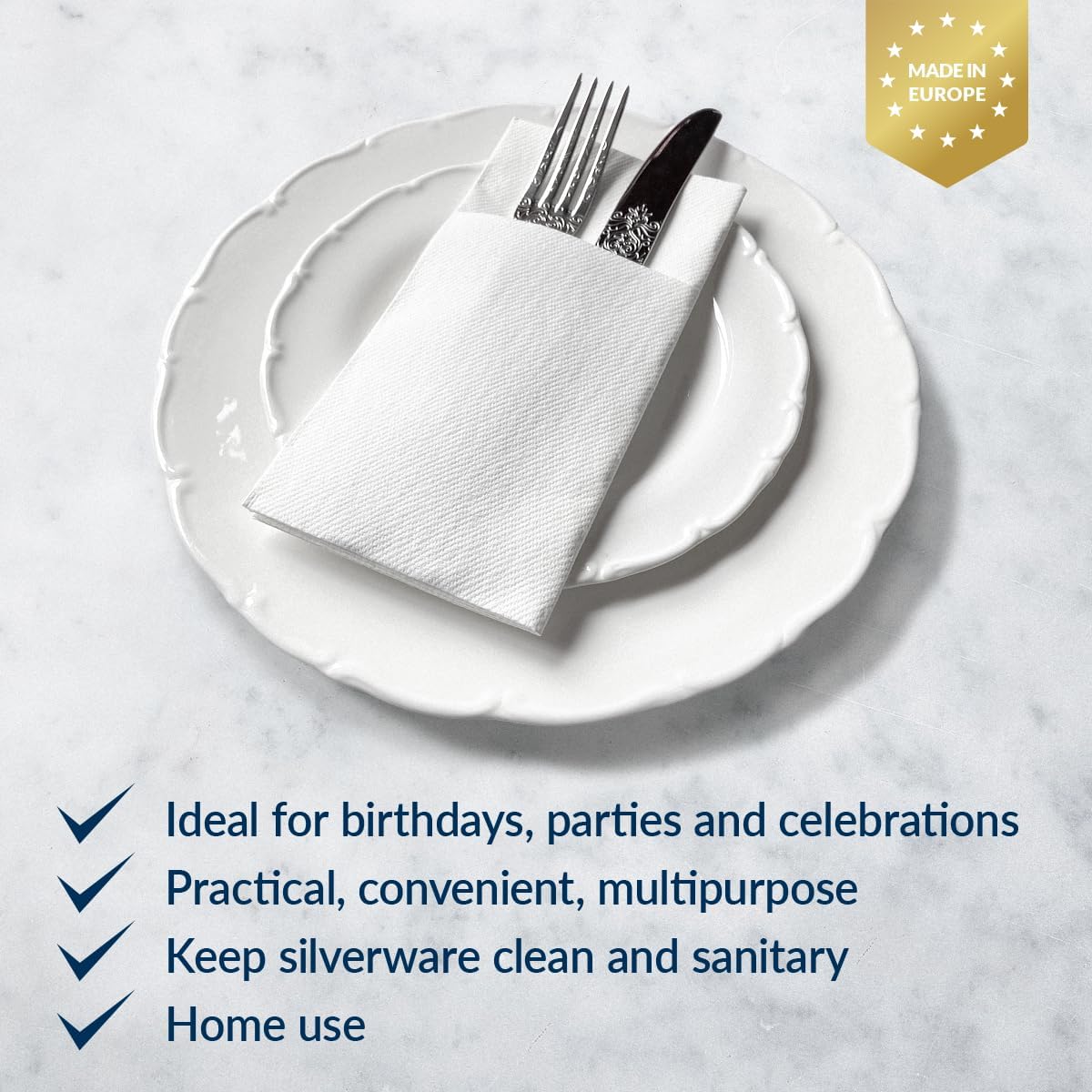 PAW - White Linen Feel Napkins with Built-in Flatware Pocket, Soft and Absorbent Paper Pre-Folded Napkins, Guest Towels, Wedding Party, Dinner, Birthday, Gatherings, 50 Count