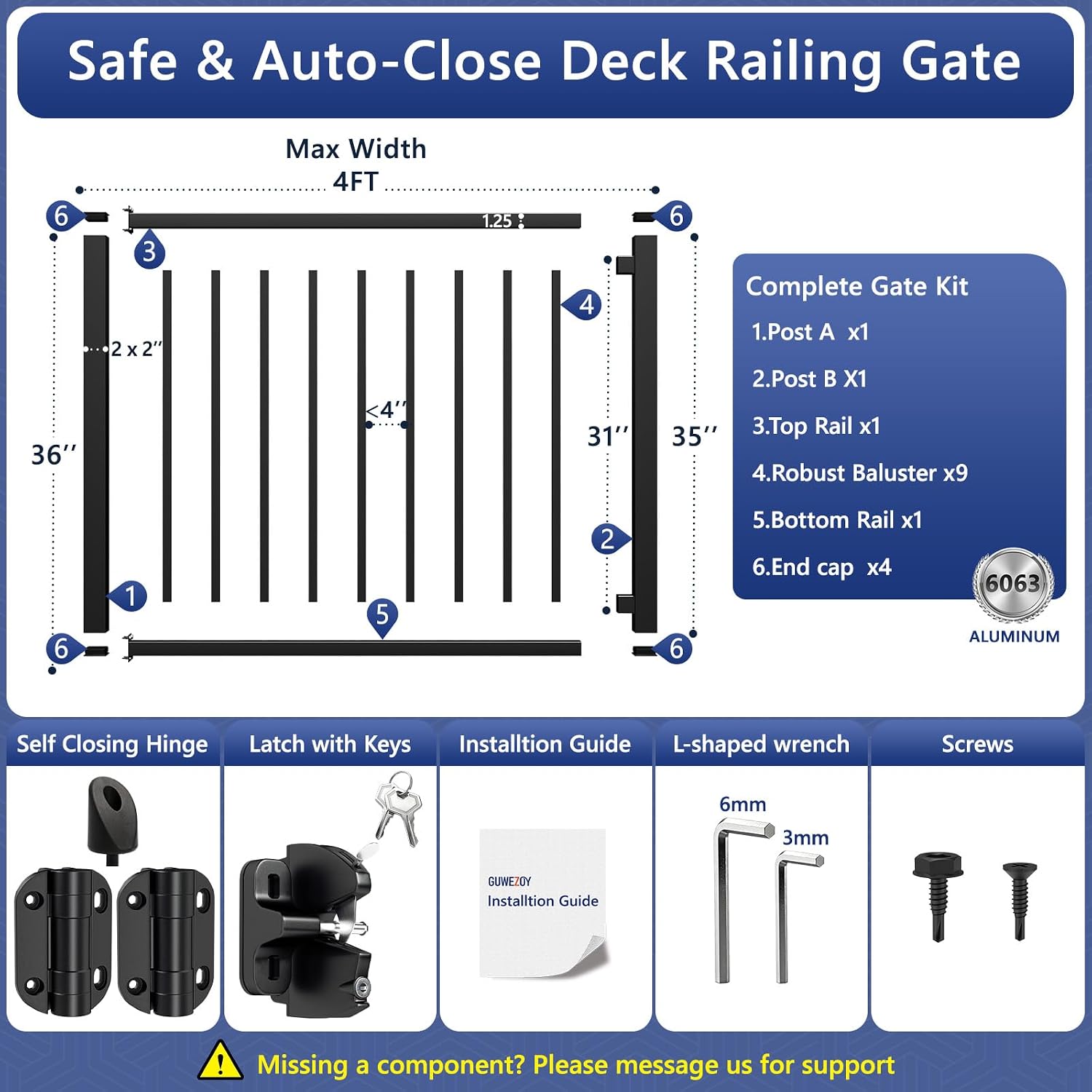 W.4ft x H.36in Aluminum Deck Gate Outdoor, Cuttable Porch Gate Kit with Latch and Auto-Closing Hinge, AAMA 2604–Grade Sand-Texture Black Outdoor Gate for Deck Railing Patios, Porch, Garden