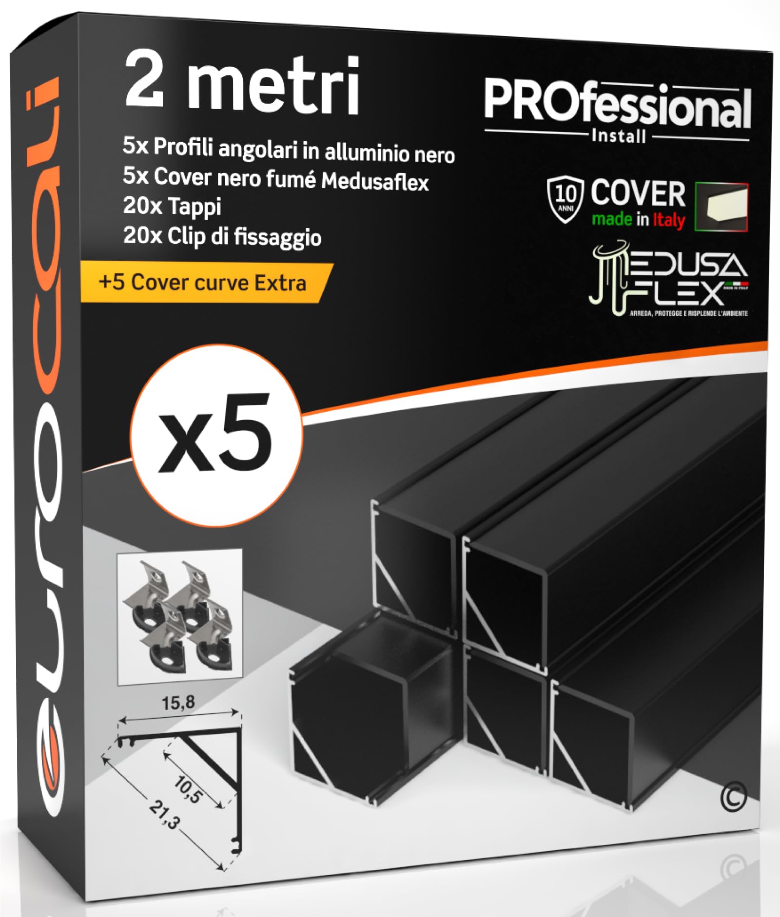 Profilo Alluminio Nero Angolare per Strisce LED con copertura Professionale Nera Made in Italy MedusaFlex CUBO in Policarbonato - Pacco da 5 (10m) 2000 x 15.8 x 15.8mm - Cover standard nera inclusa