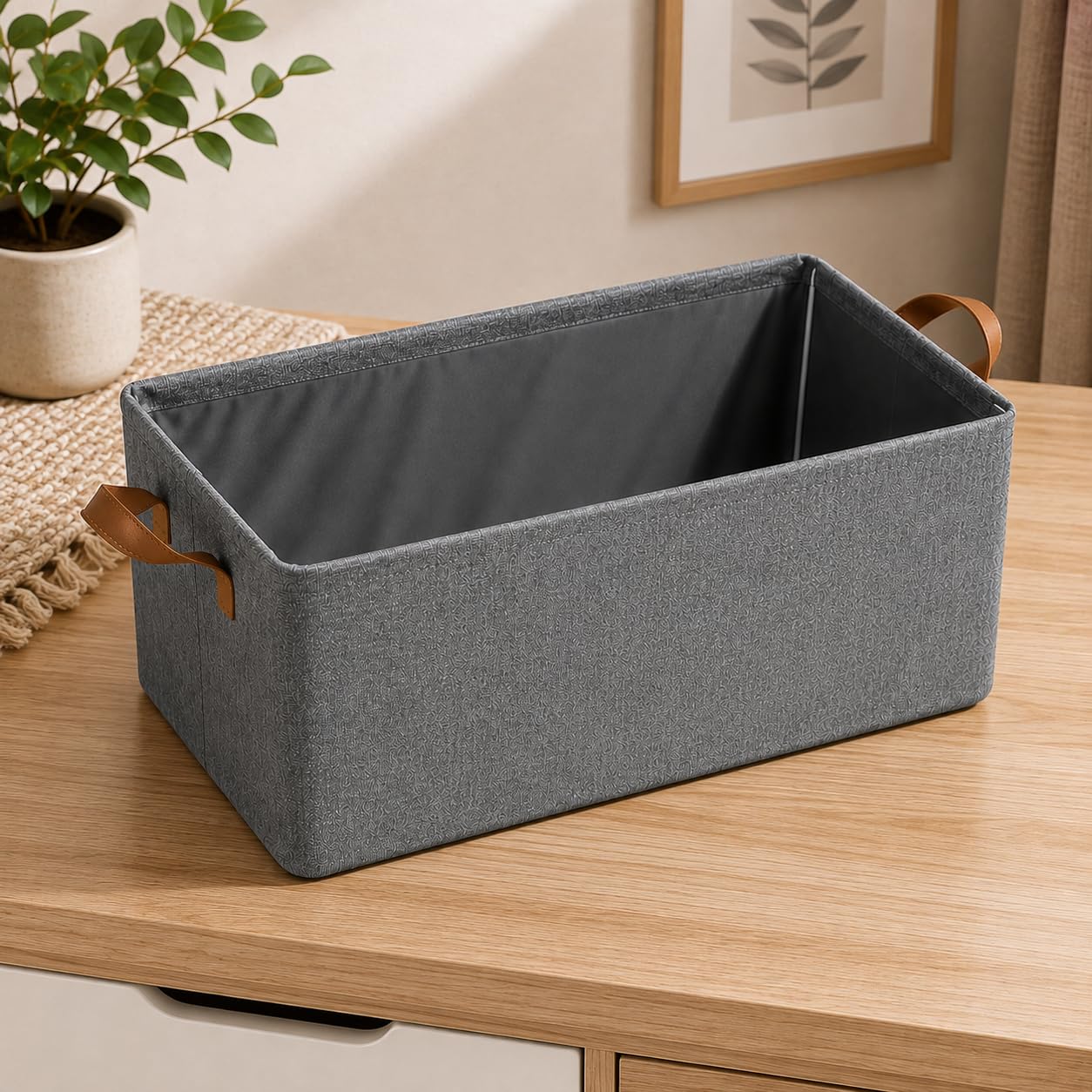fabric organizer storage bin Grey buy pack of 1 Premium Foldable Fabric Storage Basket with Leather Handles | Large Collapsible Wardrobe Organizer Bin for Clothes, Toys, Blankets & Shelves | Grey-image-5