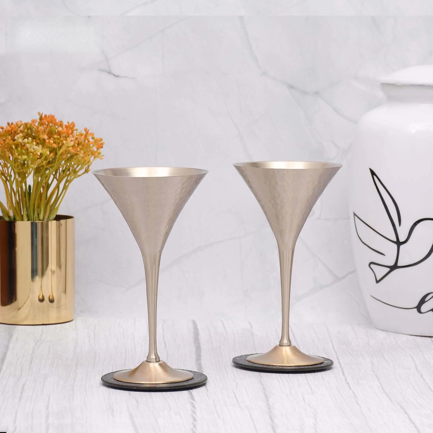 Beautifully Designed Hammered Martini Conical Brass Matt Finished Goblet Glasses | Set of 2 Brass Matt Finished Brass 9.5 x 9.5 x 18 CM